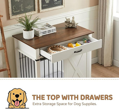 37.8" Furniture Style Dog Crates with Drawer, Farmhouse Wooden Dog Kennel Furniture with Sliding Barn Door & Water Resistant for Small/Medium/Large Dog, White