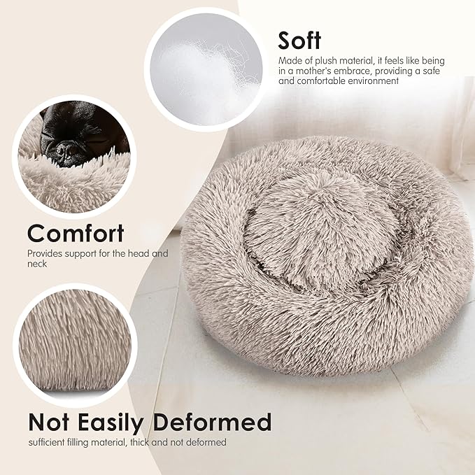 Hoewina Dog & Cat Bed, 20in Cat Beds for Indoor Cats, Calming Donut Bed for Puppy and Kitten, Washable Round Fluffy Pet Bed for Small Medium Dogs and Cats (Brown)