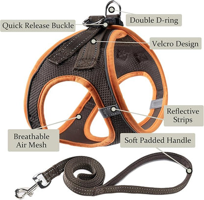Dog Harness with Leash Set, No Pull Adjustable Reflective Step-in Puppy Pet Vest Harnesses for Small Medium Large Dogs and Cats,Brown XS