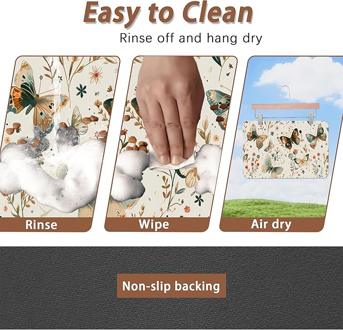 Butterfly Dog Food Mat for Floors,Boho Garden Vintage Absorbent Pet Food and Water Bowl Mats,Non-Slip Pet Feeding Mat,Pet Supplies 16" x 24"