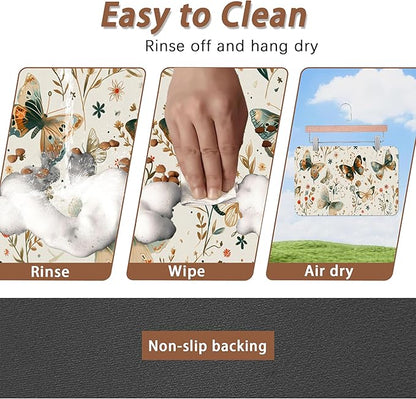 Butterfly Dog Food Mat for Floors,Boho Garden Vintage Absorbent Pet Food and Water Bowl Mats,Non-Slip Pet Feeding Mat,Pet Supplies 16" x 24"
