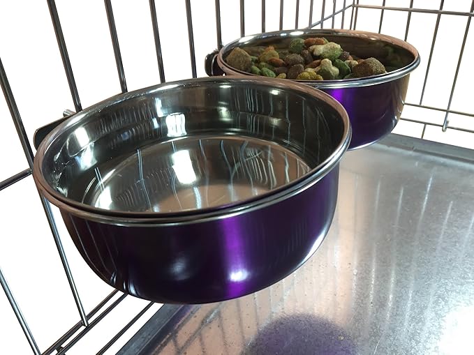 Ellie-Bo Pair of Dog Bowls for Crates, Cages or Pens and 3 Sizes (0.9Ltr Medium, Purple)
