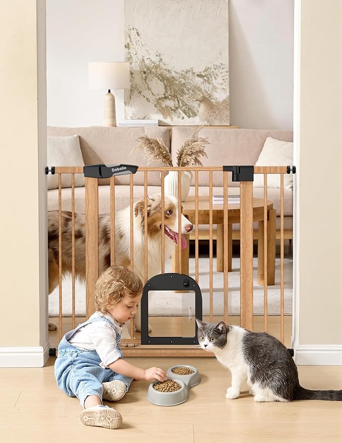 Babelio CatPrivilege Ⅲ Baby Gate with Cat Door, 29"-43" Adjustable Brown Wood Pattern Pet Door, 30" Tall Pressure Mounted Safety Gate for Stairs & Doorways, Auto Close,Wall Protectors Included