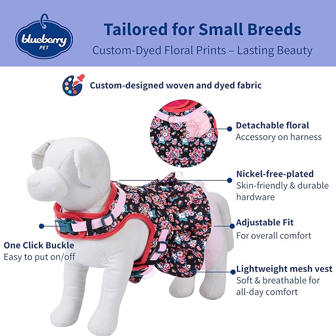 Blueberry Pet New Soft & Comfy Made Well Elegant Floral No Pull Mesh Puppy Dog Costume Harness Dress in Sleek Black, Chest Girth 14"-16", X-Small, Adjustable Harnesses for Dogs