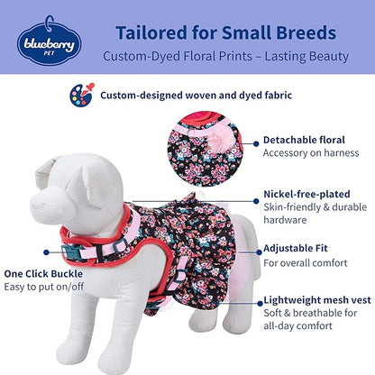 Blueberry Pet New Soft & Comfy Made Well Elegant Floral No Pull Mesh Dog Costume Harness Dress in Sleek Black, Chest Girth 19"-21", Small, Adjustable Harnesses for Dogs