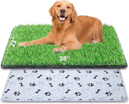 Annexfun Dog Grass Mat with Pee Pad 38×23", Large Dog Litter Box Indoor Artificial Turf Grass Porch Waterproof Patio Potty Tray for Doggie Reusable Washable and Lawn for Replacement Puppy Training