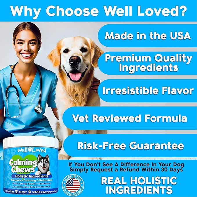 Well Loved Calming Chews for Dogs - Dog Calm Treats, Made in USA, Vet Developed, Behavior Support, Stress, Separation, Fireworks, Travel, Melatonin, Natural & Holistic, 90 Count