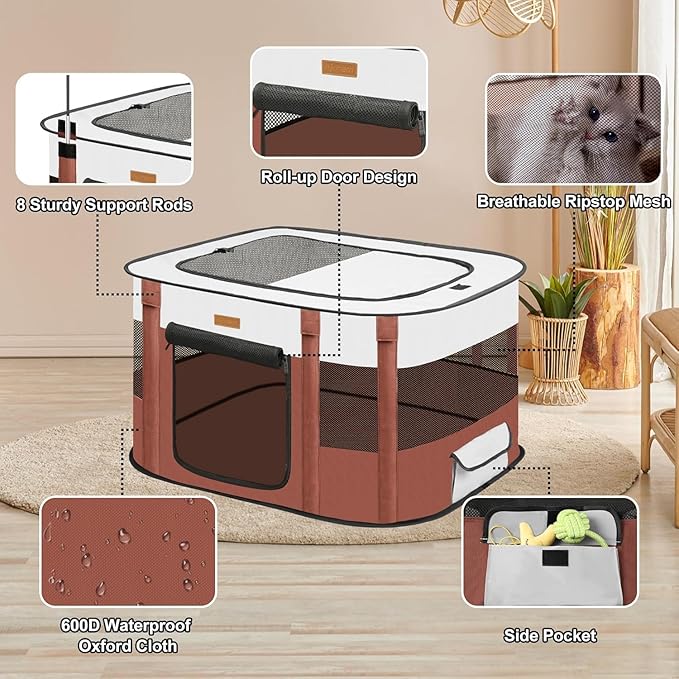 Dog Playpen - Foldable Cat Play Pens for Pubby,Kitten, Rabbit,Portable Pet Tent with Carring Bag for Indoor/Outdoor Travel Camping (Brown-Large)