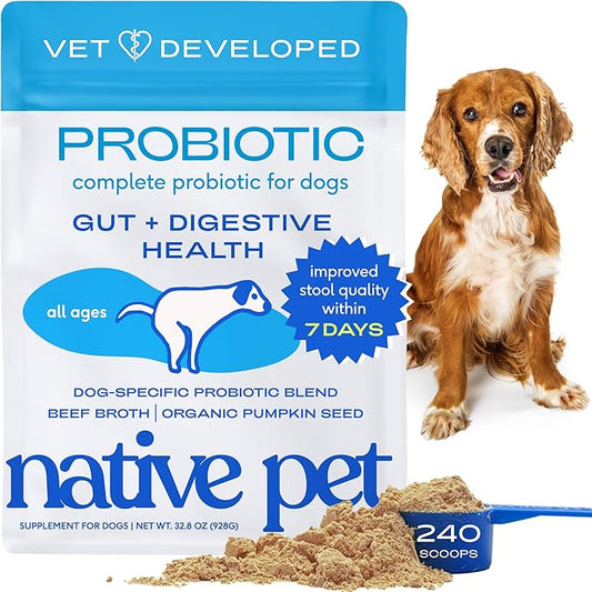 Native Pet Probiotics for Dogs – Dog Probiotic Powder for Gut & Digestive Health, Vet-Formulated 6B CFUs Dog-Specific Probiotic Strains, Supports Stool Quality & Diet Transitions – 240 Scoops