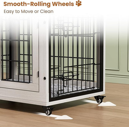 Lulive Dog Crate Furniture Set of 2, Dog Kennel Indoor Double Doors Wooden Dog Cage, 32'' Heavy Duty Dog Crate with Cushion & Wheels, End Table Pet House Chew-Resistant Up to 45 lb, White