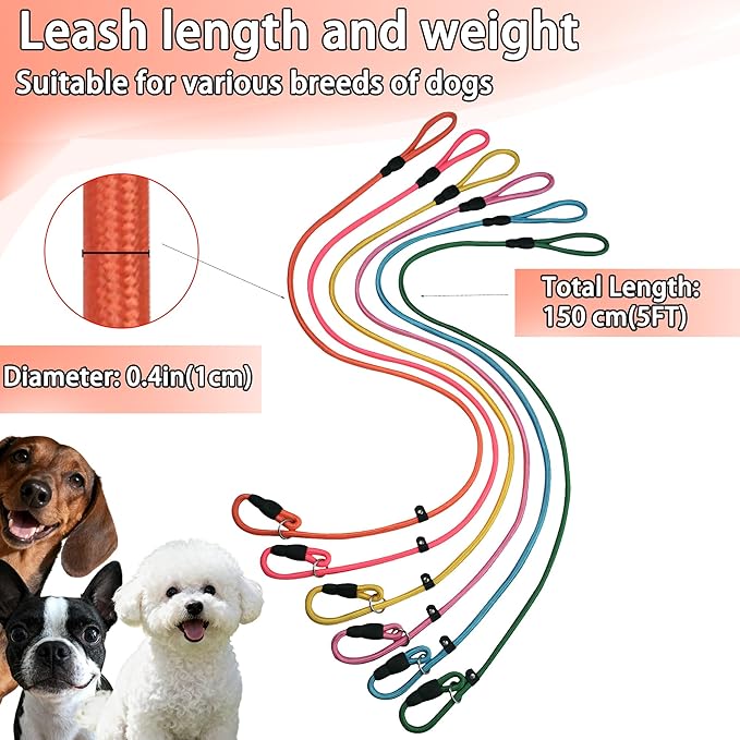 FOVRLZSE 6-Pack Nylon Slip Leads, 4.6FT for Small to Medium Dogs. 10mm high-Density Braided Nylon with Upgraded TPU Non-Slip Buckle, Macaron Colors, Perfect for Daily Walking & Puppy Training.