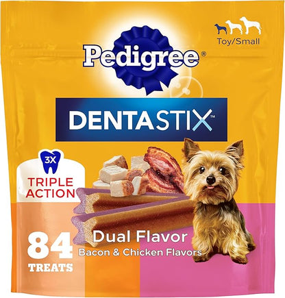 Pedigree Dentastix Dental Chews for Dogs, Small and Toy Breed Dog Treats, Bacon & Chicken Flavor, 17.78 oz. Bag (84 Treats Total)