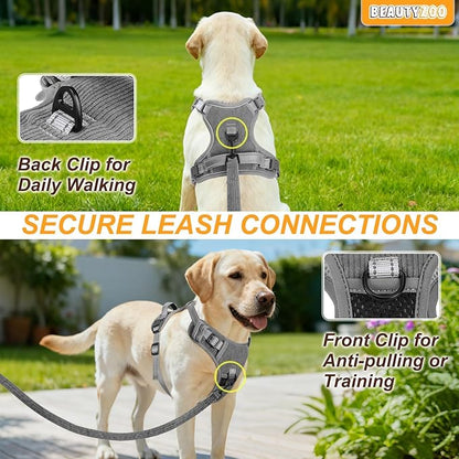 BEAUTYZOO No Pull Dog Harness Large, Adjustable Dog Harness and Leash Set -Easy Wearing with 3 Buckles/Control Handle,No Choke Soft Padded Reflective Pet Vest for Training Walking Hiking,Grey L