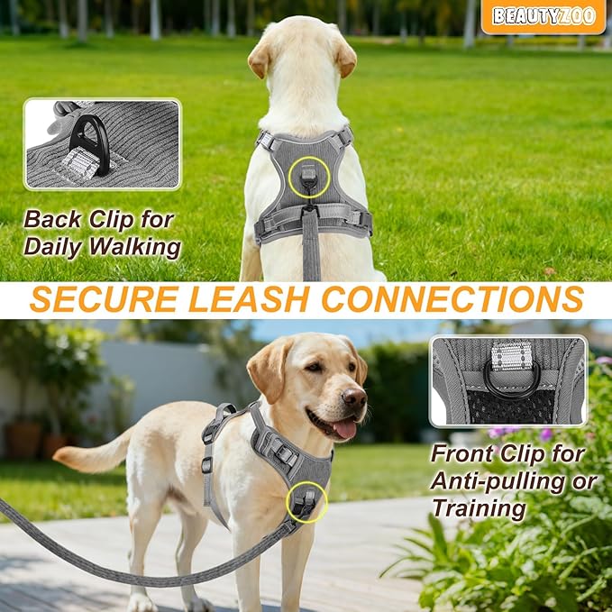 BEAUTYZOO No Pull Dog Harness Large, Adjustable Dog Harness and Leash Set -Easy Wearing with 3 Buckles/Control Handle,No Choke Soft Padded Reflective Pet Vest for Training Walking Hiking,Grey XL