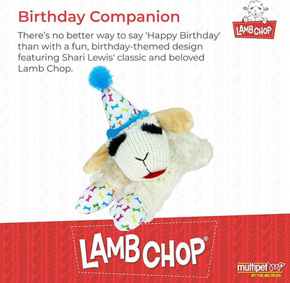 Multipet Lamb Chop Dog Plush Toy w/Birthday Hat - Squeaky Toy for All Dogs - Extra Soft Plush - Stuffed Animal for Cuddling & Playing (10.5", Blue Hat, 5 Squeakers)