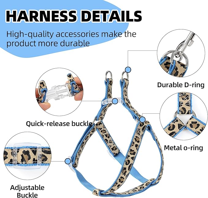 Mile High Life Leopard Dog Harness Collar Leash Set, Adjustable No Pull Dog Halter Harness for Small Breed Dogs, Easy Control for Training Walking (Blue, XS Chest 9"-15", Neck 8"-12")