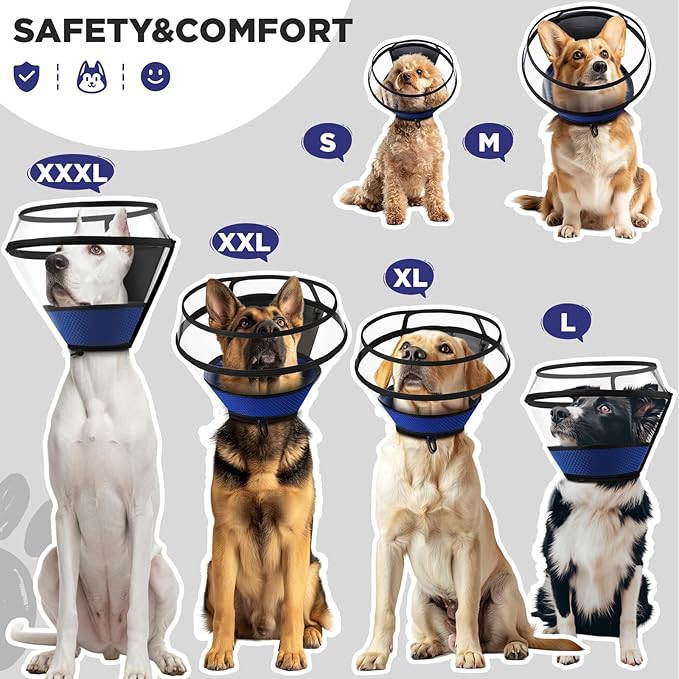 Soft Dog Cone for Dogs After Surgery,Transparent Breathable Dog Cone Collar for Small Large Medium Size Dog,Adjustable Depth Pet Recovery Collars,Elizabethan Collar for Dogs Stop Licking (Blue-XL)