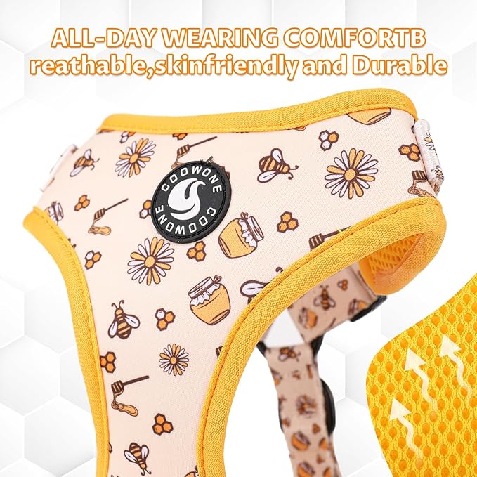 Dog Cat Harness and Leash Set, Puppia Soft Mesh Padded and Adjustable Puppy Vest Cute Dog Clothes Escape Proof Easy Walk Pet Accessories (Honeybee, S (Neck 10.6"-13"; Chest 14"-19.6"))