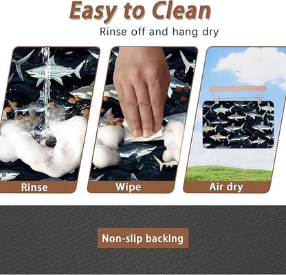 Cute Shark Dog Cat Food Mat,Absorbent Pet Feeding Mat with Rubber Backing,Non-Slip Water Bowl Placemat,Indoor Pet Accessories Supplies 12"x20"