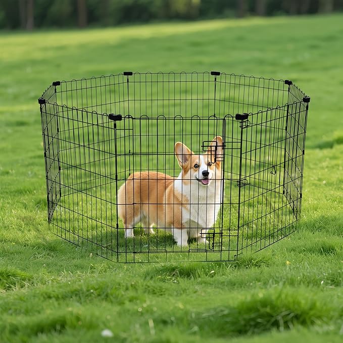 Amazon Basics Portable Foldable Octagonal Metal Exercise Dog Playpen, Indoor/Outdoor Pet Fence with Single Door, 8 Panels, Small, 30 Inches, Black