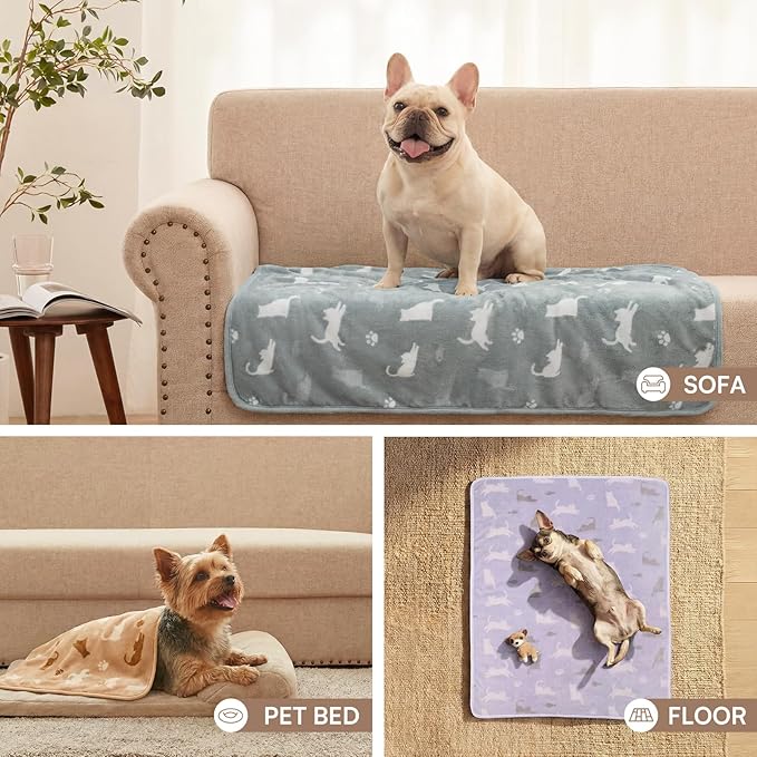 Luciphia 1 Pack 3 Cat Printed Fleece Pet Blankets Washable，Soft Warm Throw Covers for Crate Couch Bed，Cozy Puppy Essentials for Dogs and Cats，Purple/Grey/Khaki, Small (23x16 inch)
