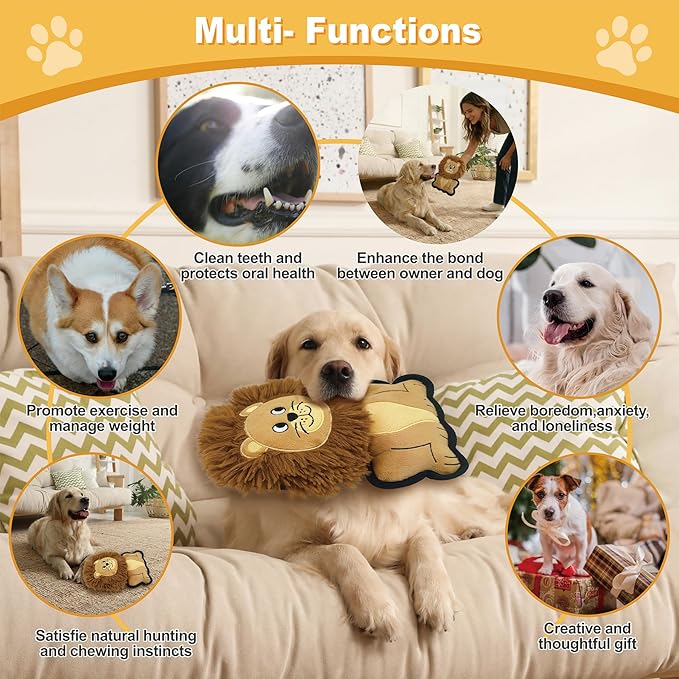 Yellow Lion Plush Squeaky Dog Toy for Chewers Puppy Teething Chew Toy Cute Soft Funny Durable Stuffed Animal Interactive Fetch Dog Toy for Small Medium Large Dogs Toy Gift 24cm/9.45in