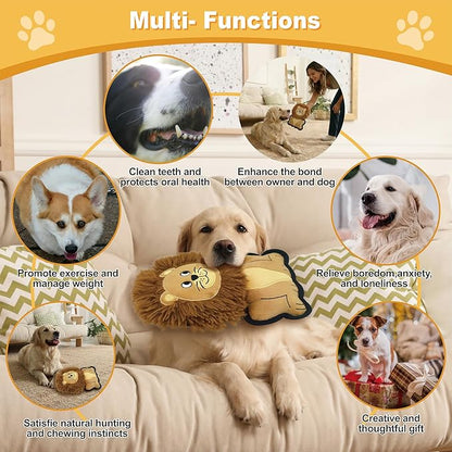Yellow Lion Plush Squeaky Dog Toy for Chewers Puppy Teething Chew Toy Cute Soft Funny Durable Stuffed Animal Interactive Fetch Dog Toy for Small Medium Large Dogs Toy Gift 24cm/9.45in