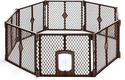 MyPet 8-Panel Petyard Passage: 6.5 ft. Wide 26 in. Tall Brown Freestanding Customizable Folding Pet Enclosure with Lockable Pet Door; Indoor/Outdoor Puppy Playpen Made in USA