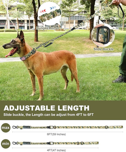 Hotsky Tactical Dog Leash Heavy Duty for Medium Large Dogs that Pull,4-6Ft Strong Bungee Shock Absorbing No Pull Dog Leash with Padded Double Handle and Car Seatbelt,Army Camo
