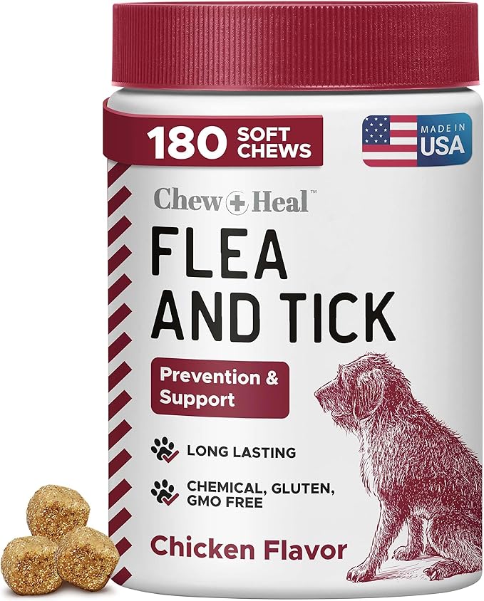 Chewable Flea and Tick Prevention for Dogs - 180 Delicious Soft Chews for Small and Large Dogs - Gluten, GMO, and Corn Free, Made in The USA