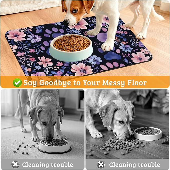 Paw Print Dog Food Mat,Watercolor Flower Absorbent Pet Feeding Mat for Food and Water Bowl,Quick Dry Dog Placemat Non Slip Rubber Backing Waterproof Pet Supplies 12" x 20"