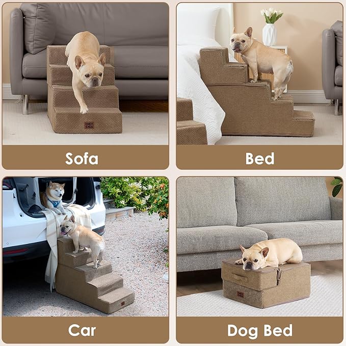 EHEYCIGA Dog Stairs for High Bed 22.5" H, 5-Step Dog Steps for Bed, Pet Steps for Small Dogs and Cats, Non-Slip Balanced Pet Ramp Indoor, Camel