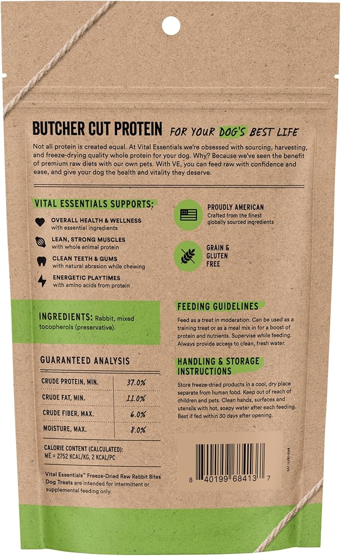 Vital Essentials Freeze Dried Dog Treats | Rabbit Bites, Single Protein | Premium Quality | Grain Free Training Treats for Dogs, 2 oz Bag