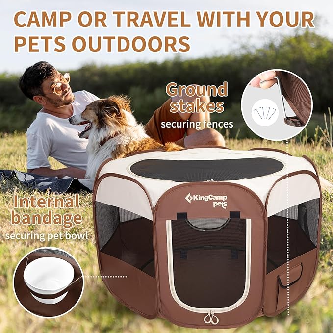 KingCamp Dog Playpen, Portable Foldable Cat Kitten Puppy Tent Crates 29"/36"/50" Pop Up Pet Playpen with Zippered Bottom & Cover for Indoor Outdoor Use (X-Large, Khaki)