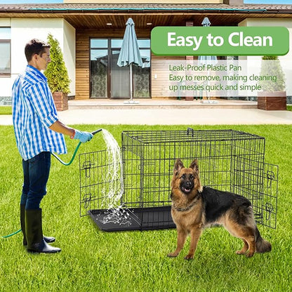Dog Crate, 24/30/36/42/48 Inch Dog Crates for Small Medium Large Dogs Indoor, Folding Metal Dog Kennel Dog Cage with Double-Door, Divider Panel, Removable Tray, Locks and Handle, (42 Inch, Black)