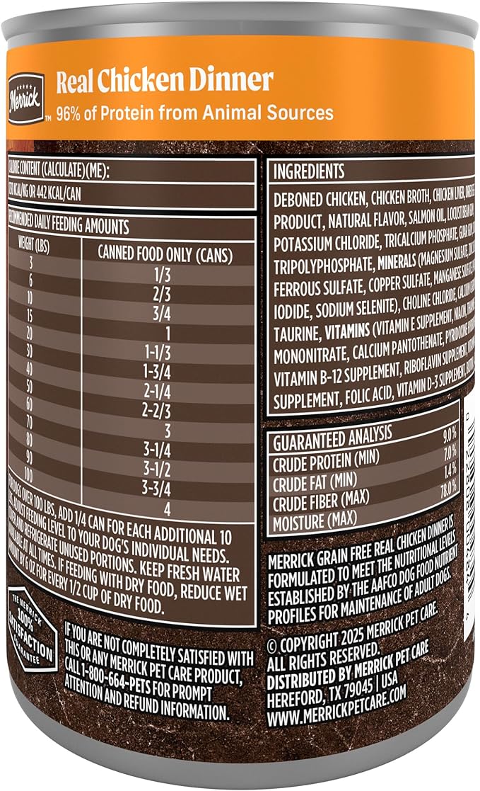 Merrick Grain Free Premium and Natural Canned Dog Food,Soft and Healthy Wet Recipe,Real Chicken Dinner - 12.7 oz. Cans,(Pack of 24)
