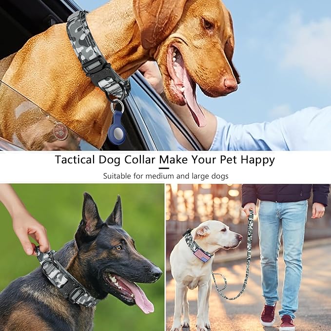 DAGANXI Tactical Dog Collar, Adjustable Military Training Nylon Dog Collar with Control Handle and Heavy Metal Buckle for Medium and Large Dogs, with Patches and Airtags Case (XXL, Camo-Set)