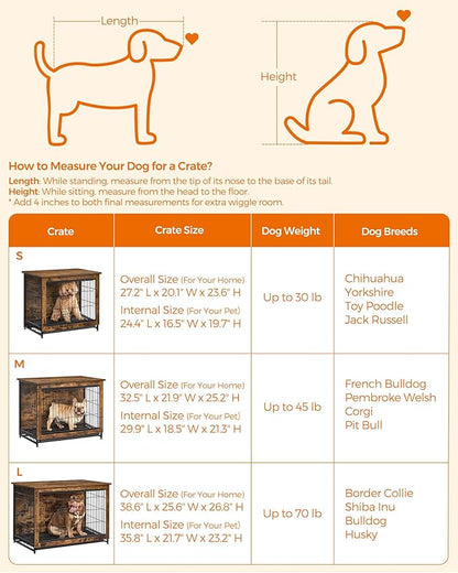 Feandrea 38.6" Dog Crate Furniture, Indoor Dog Cage Side End Table, XL Pet Wood Kennel for Large and Medium Dogs up to 70 lb with Multi-Purpose Removable Tray, Double-Door Pet House, Rustic Brown