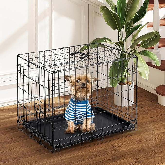 DUMOS Dog Crate, 24 Inch Medium Single Door Dog Cage with Plastic Leak-Proof Pan Tray, Folding Metal Wire Pet Kennel for Indoor, Outdoor, Travel