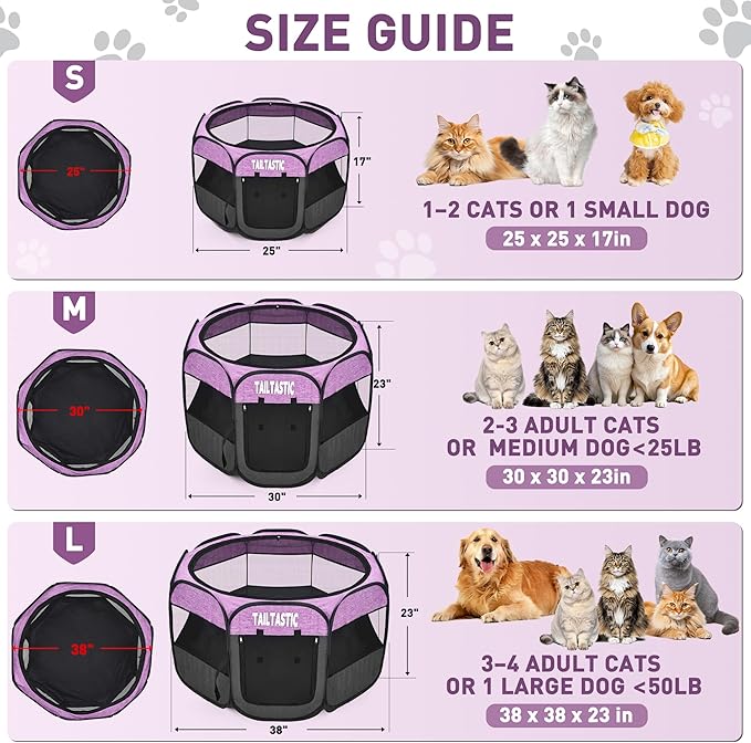 Large Cat Playpen for Multiple Cats, Extra Spacious Pet Tent Playground, Portable Dog Exercise Pen with Room for Toys & Bed, Indoor/Outdoor Enclosure for 2-3 Pets (Purple, Large)