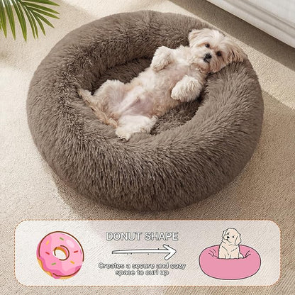 WROS Calming Dog Bed, 24" x 24" x 6" Fits Cat & Dog, Anti-Slip Round Washable Faux Fur for Doze Off, Napping Orthopedic, Khaki