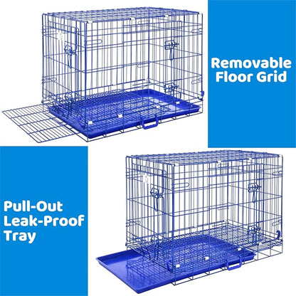 HOMEY PET Blue 30 Inch Dog Crate, Small Dog Kennel Indoor Collapsible Dog Cage Medium Sized Dog Nano-Coated Metal Wire Dog Crates with Removable Floor Grid and Tray, Double Doors Dual Locks, Handle