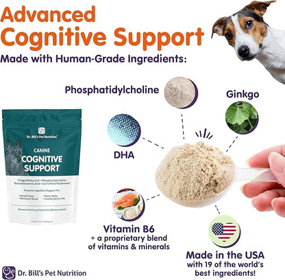 Dr. Bill’s Canine Cognitive Support Supplement for Adult, Senior & Elderly Dogs – Memory, Brain Function & Cognitive Health Support - Lion's Mane Mushrooms, DHA, Ginkgo & More