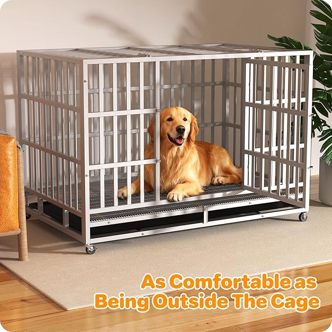 Hiwokk 48 Inch Heavy Duty Dog Crate, Indestructible Escape-Proof Dog Kennel for High Anxiety Large Dogs, Strong Metal Pet Cage with Double Doors, Lockable Wheels & Removable Tray, XL XXL XXXL