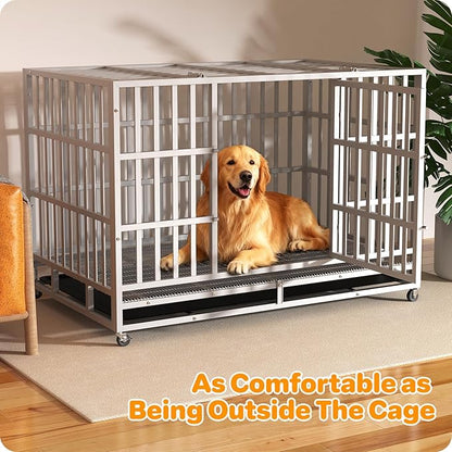 Hiwokk 48 Inch Heavy Duty Dog Crate, Indestructible Escape-Proof Dog Kennel for High Anxiety Large Dogs, Strong Metal Pet Cage with Double Doors, Lockable Wheels & Removable Tray, XL XXL XXXL