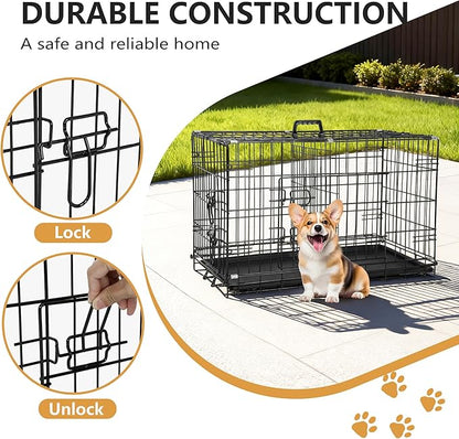 FDW 30-Inch Dog Crate Pet Cage with Metal Folding Design Plastic Tray Indoor Outdoor Dog Kennel Cage for Small and Medium Dogs,Dark Black
