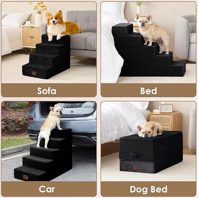 EHEYCIGA Dog Stairs for Bed 20" H, 4-Step Extra Wide Dog Steps for High Bed, Pet Steps for Small Dogs and Cats, Non-Slip Balanced Pet Ramp Indoor, Black