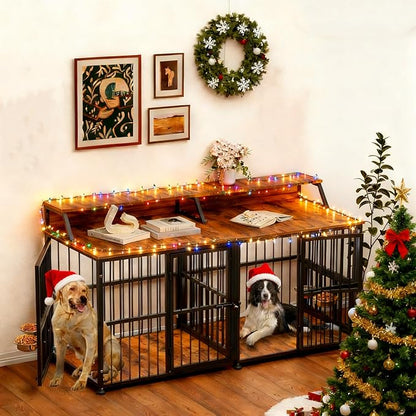 XXL Dog Crate Furniture for 2 Dogs, Extra Large Double Dog Cage Large Breed, Thick Wooden Dog Crate with Storage Rack, 72 Inch Double Dogs House Sturdy Dog Kennel with Removable Divider