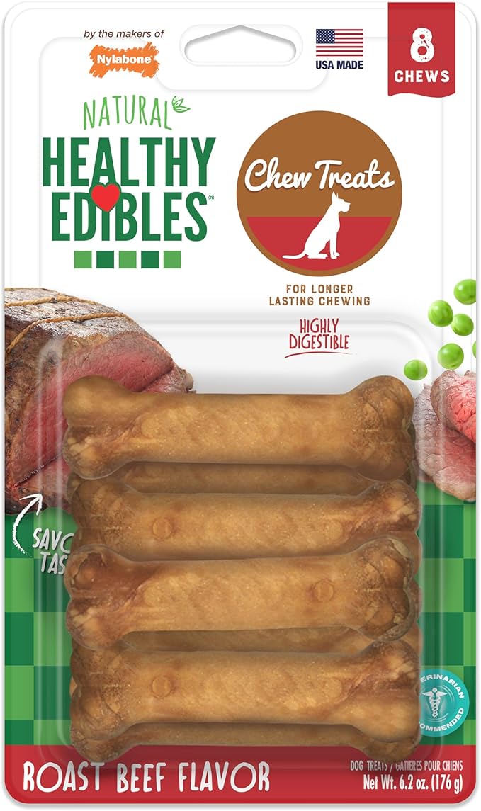 Nylabone Healthy Edibles Natural Dog Chews, Long Lasting Bones for Dogs, Roast Beef Flavor Dog Treats, X-Small (8 Count)