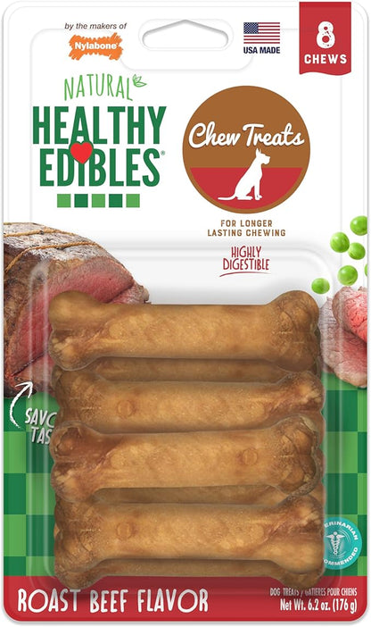 Nylabone Healthy Edibles Natural Dog Chews, Long Lasting Bones for Dogs, Roast Beef Flavor Dog Treats, X-Small (8 Count)